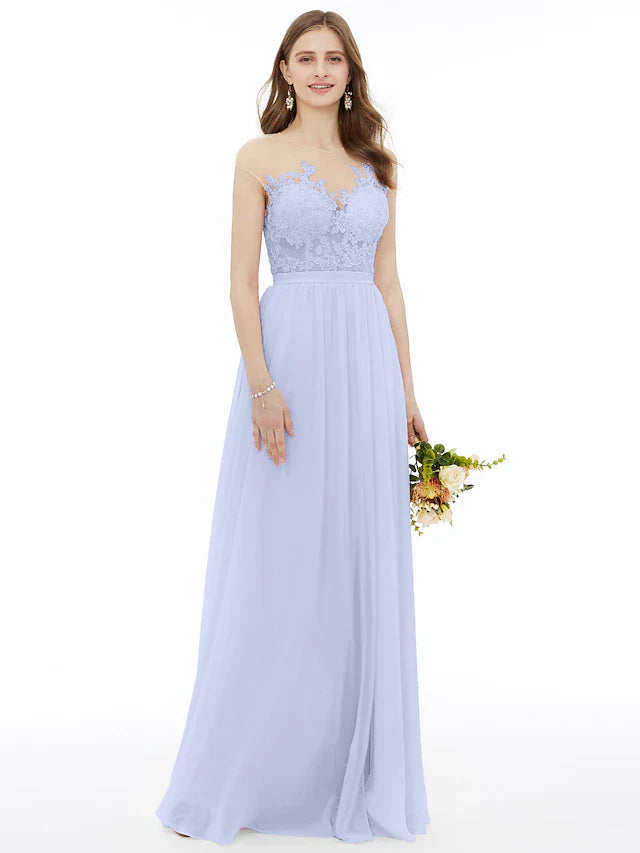 A-Line Bridesmaid Dress Illusion Neck Sleeveless Illusion Detail Floor Length Chiffon / Floral Lace with Sash / Ribbon / Appliques