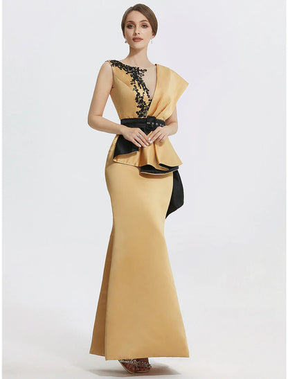 Sheath / Column Evening Gown Elegant Dress Formal Floor Length Sleeveless Jewel Neck Satin with Embroidery Appliques