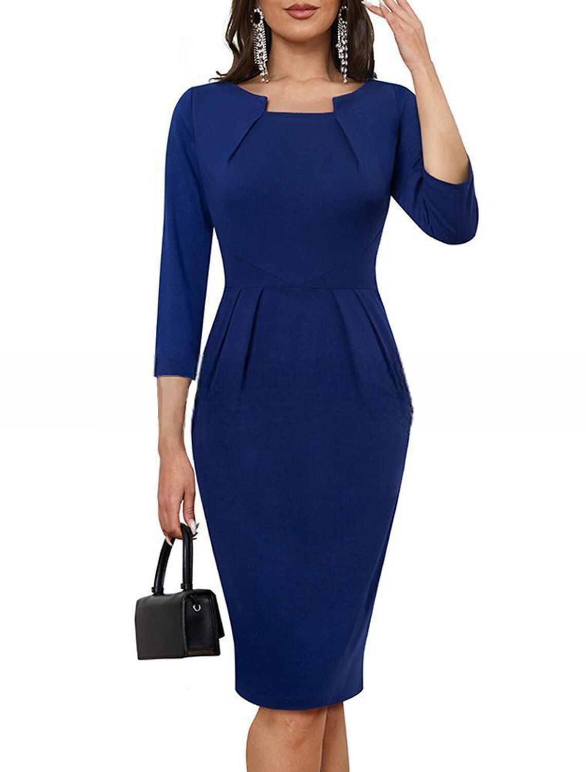 Party Dress Bodycon Cotton Ruched Crew Neck 3/4 Length Sleeve Midi Dress Office Vacation