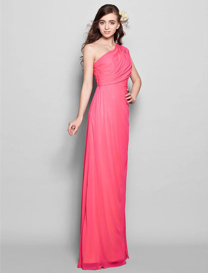 Sheath / Column Bridesmaid Dress One Shoulder Sleeveless Elegant Floor Length Chiffon with Side Draping