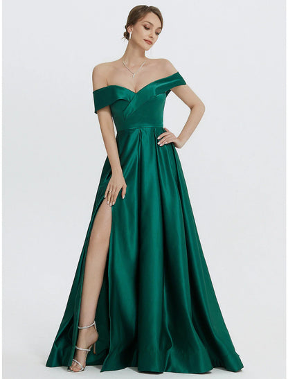 A-Line Evening Gown Elegant Dress Formal Prom Floor Length Sleeveless Sweetheart Satin with Slit