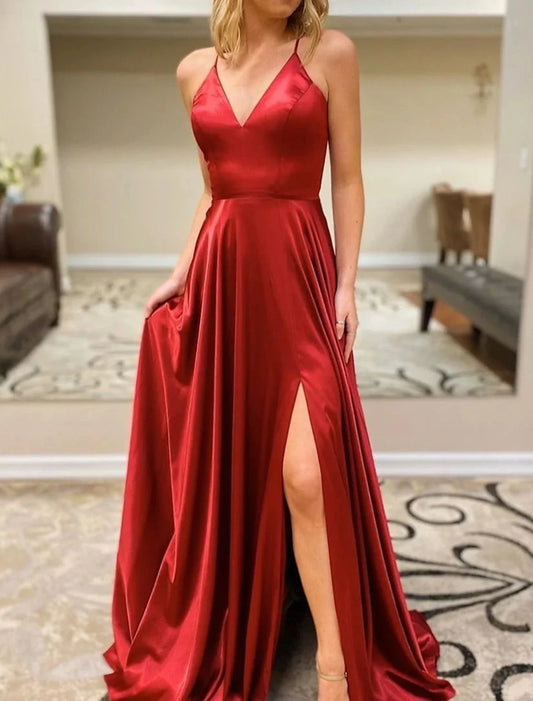 A-Line Prom Dresses Sexy Dress Formal Sweep / Brush Train Sleeveless V Neck Imitation Silk Backless with Slit