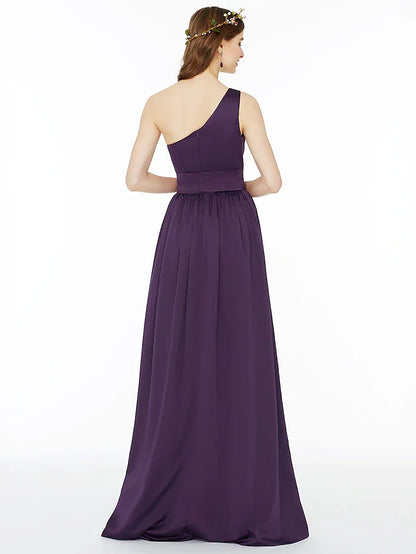 Ball Gown / A-Line Bridesmaid Dress One Shoulder Sleeveless Floor Length Chiffon with Sash / Ribbon / Pleats / Split Front