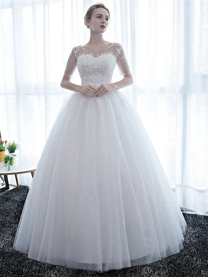 Engagement Formal Wedding Dresses Floor Length Ball Gown Half Sleeve Illusion Neck Satin With Lace