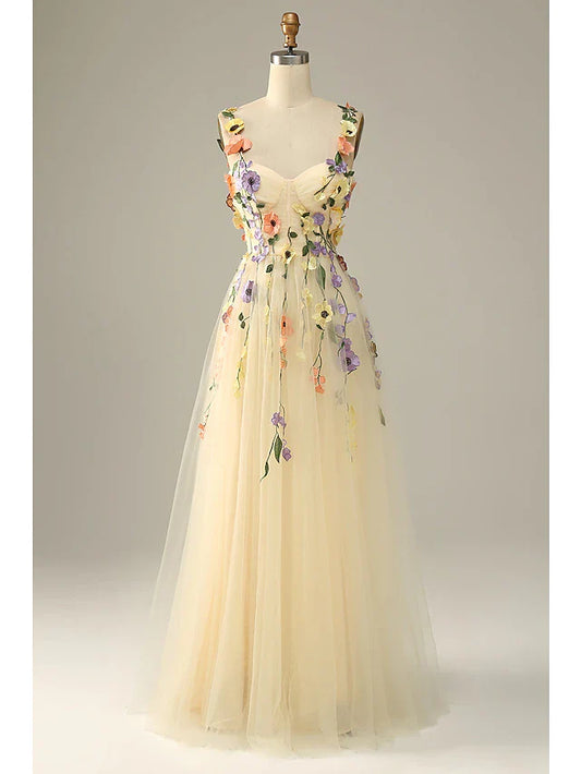 A-Line Wedding Guest Dresses Floral Dress Holiday Floor Length Sleeveless Spaghetti Strap Tulle with Appliques