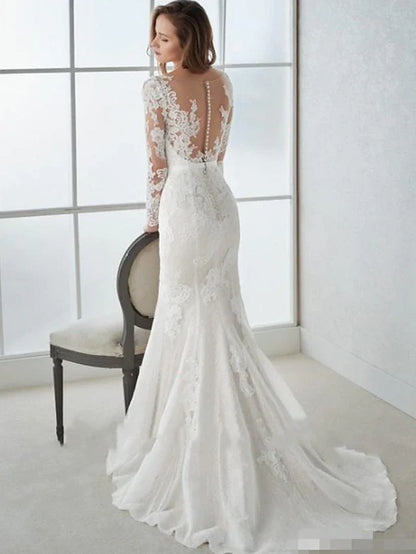 Mermaid / Trumpet Open Back Formal Wedding Dresses Sweep / Brush Train Long Sleeve V Neck With Lace