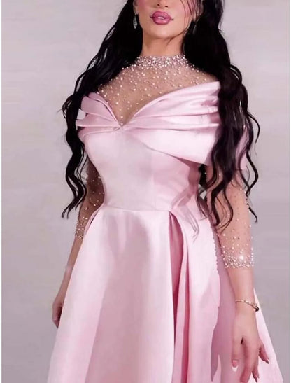 A-Line Evening Gown Elegant Dress Formal Prom Floor Length Short Sleeve Sweetheart Satin with Ruched Pearls Crystals