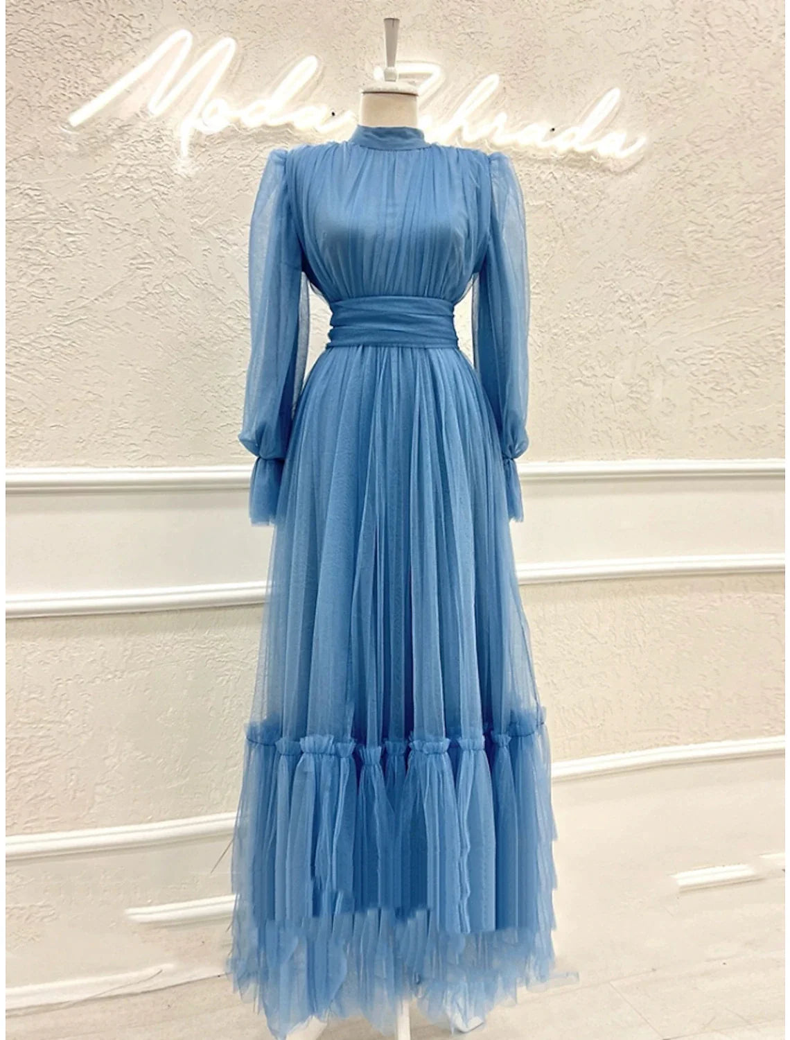 A-Line Prom Dresses Elegant Dress Formal Ankle Length Long Sleeve High Neck Tulle with Pleats Ruched