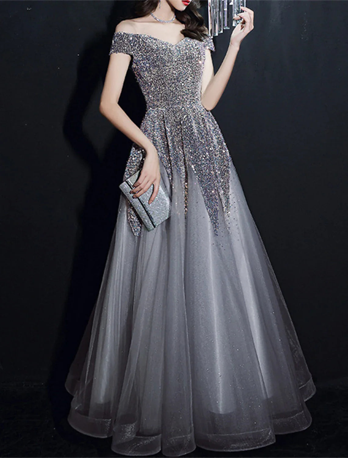 A-Line Prom Dresses Elegant Dress Formal Floor Length Short Sleeve Off Shoulder Polyester with Sequin