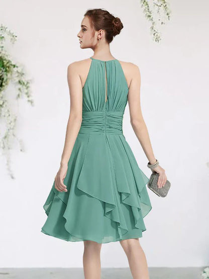 A-Line Bridesmaid Dress Jewel Neck Sleeveless Elegant Short / Mini Chiffon with Pleats / Cascading Ruffles