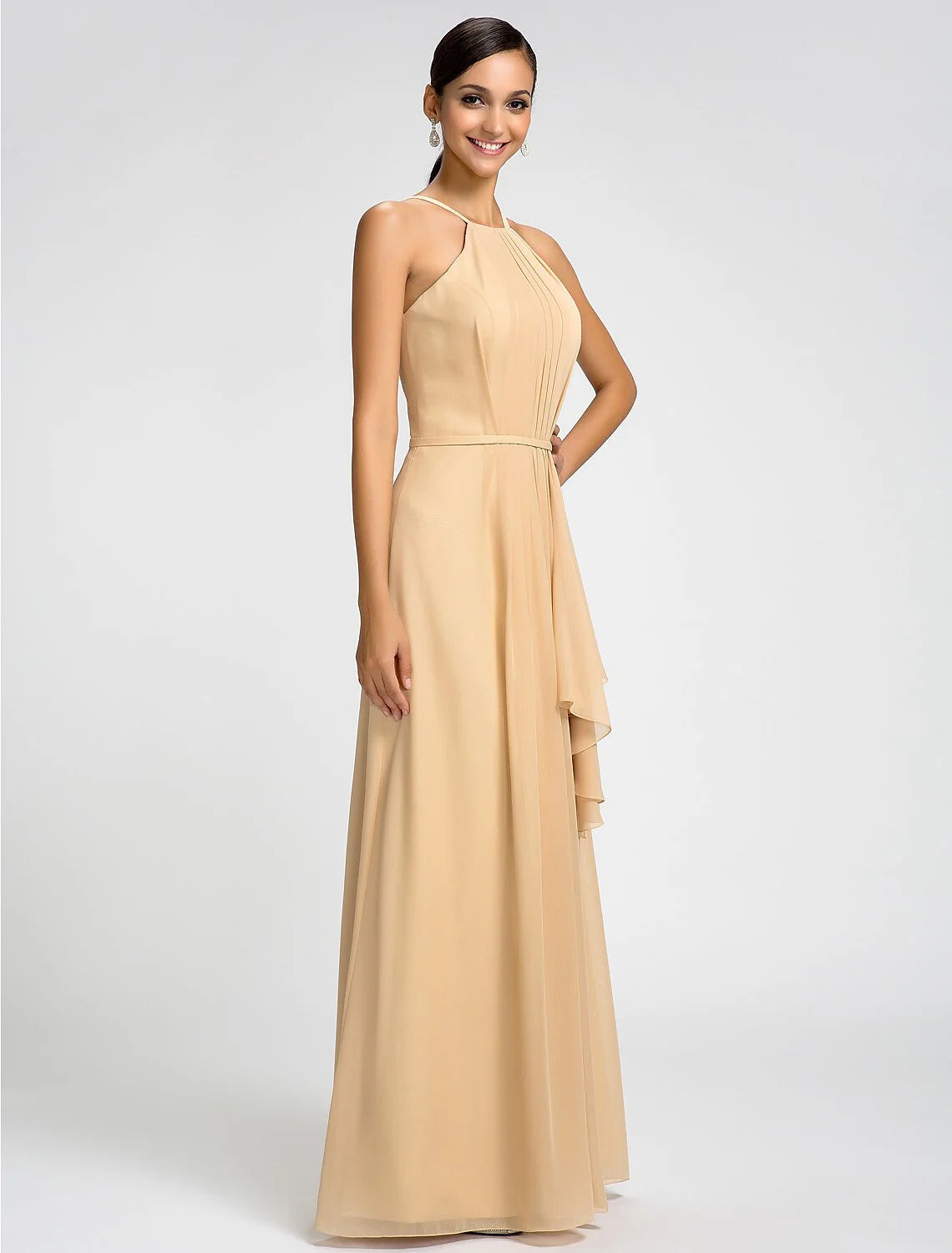 Sheath / Column High Neck Floor Length Chiffon Bridesmaid Dress with Draping