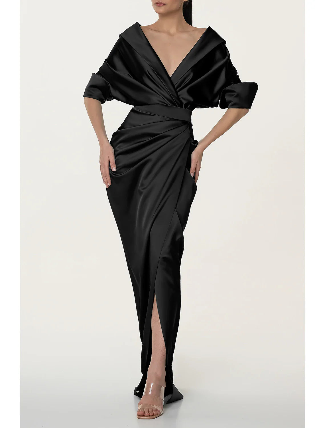 A-Line Evening Gown Black Dress Elegant Dress Formal Fall Sweep / Brush Train Half Sleeve V Neck Satin with Ruched Slit