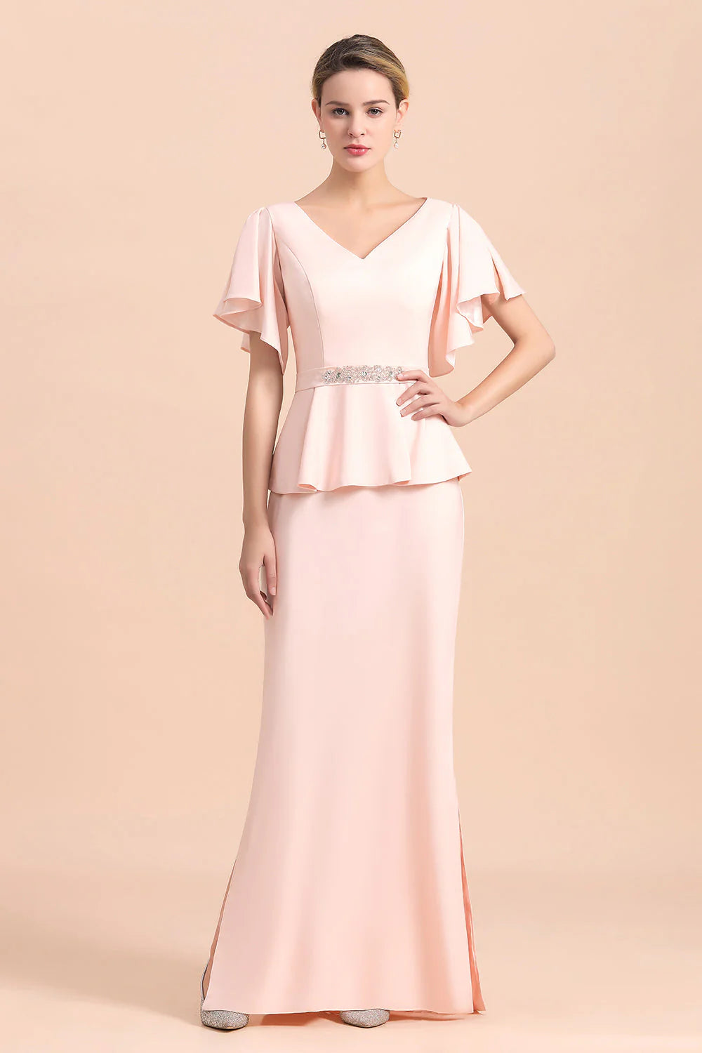 V-Neck Front Slit Formal Mother of Bride Dresses with Beadings Sash