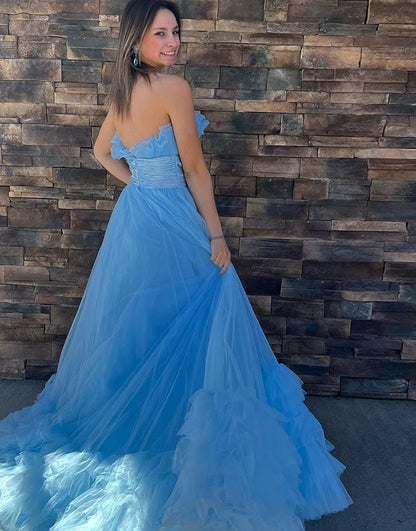 A-Line Strapless Off The Shoulder Tiered Long Prom Dress