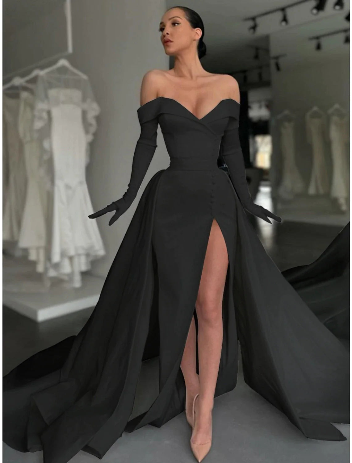 A-Line Evening Gown Elegant Dress Formal Court Train Long Sleeve Off Shoulder Satin with Buttons Pleats Slit