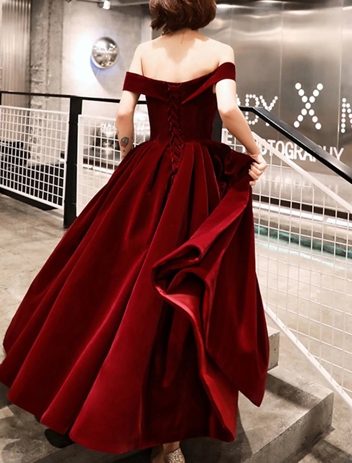 A-Line Evening Gown Elegant Dress Wedding Guest Ankle Length Short Sleeve Off Shoulder Velvet with Sleek