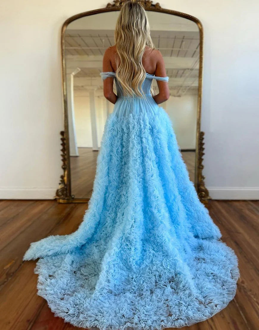 A-Line Princess Off The Shoulder Tiered Long Prom Dress With Slit