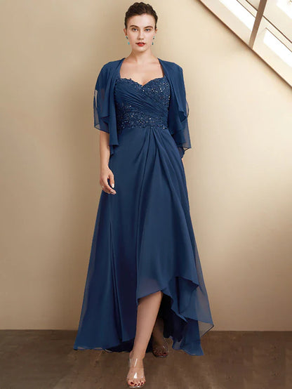 A-Line Mother of the Bride Dress Elegant High Low Square Neck Asymmetrical Tea Length Chiffon Lace Cap Sleeve Wrap Included with Sequin Appliques Side-Draped