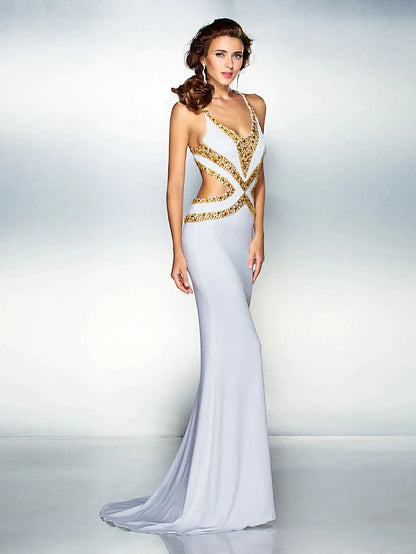 Mermaid / Trumpet Sparkle Dress Wedding Guest Sweep / Brush Train Sleeveless V Neck Jersey Crisscross Back with Crystals