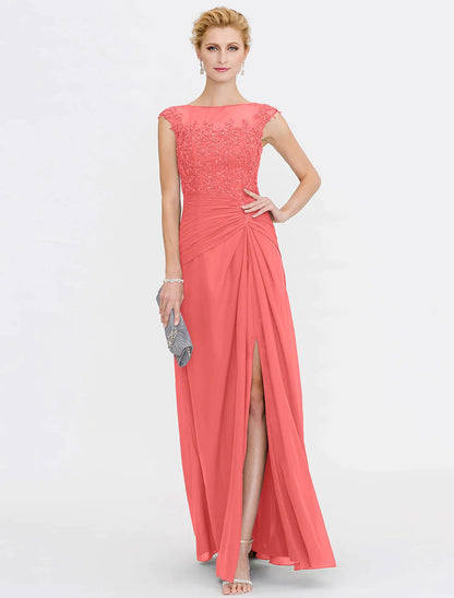 A-Line Mother of the Bride Dress Elegant See Through Bateau Neck Floor Length Chiffon Lace Sleeveless with Side Draping