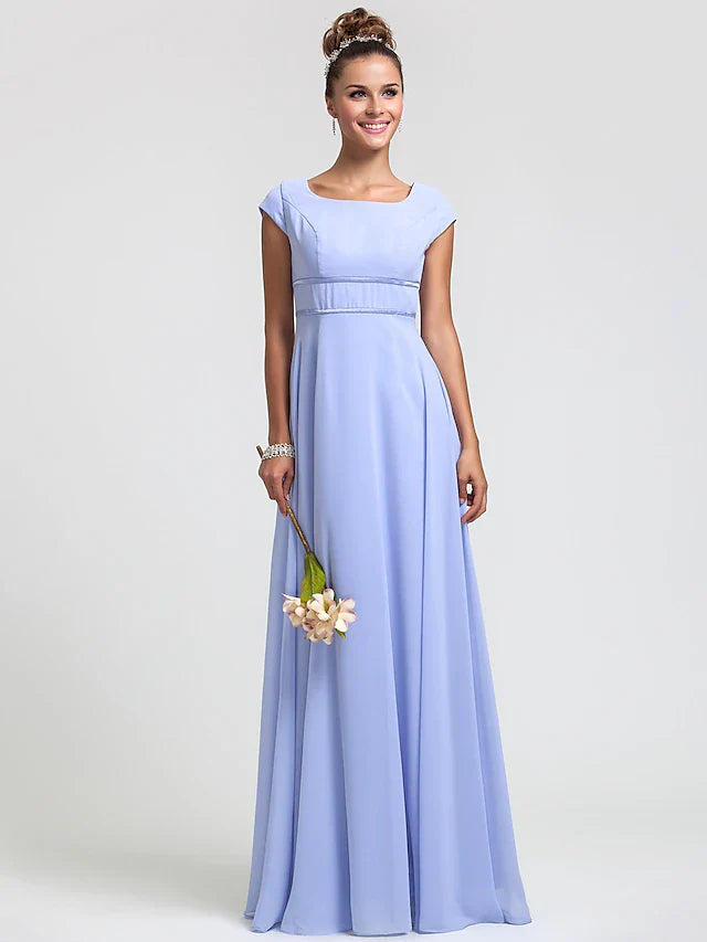 Sheath / Column Bridesmaid Dress Square Neck Short Sleeve Elegant Floor Length Chiffon with Sash / Ribbon / Pleats