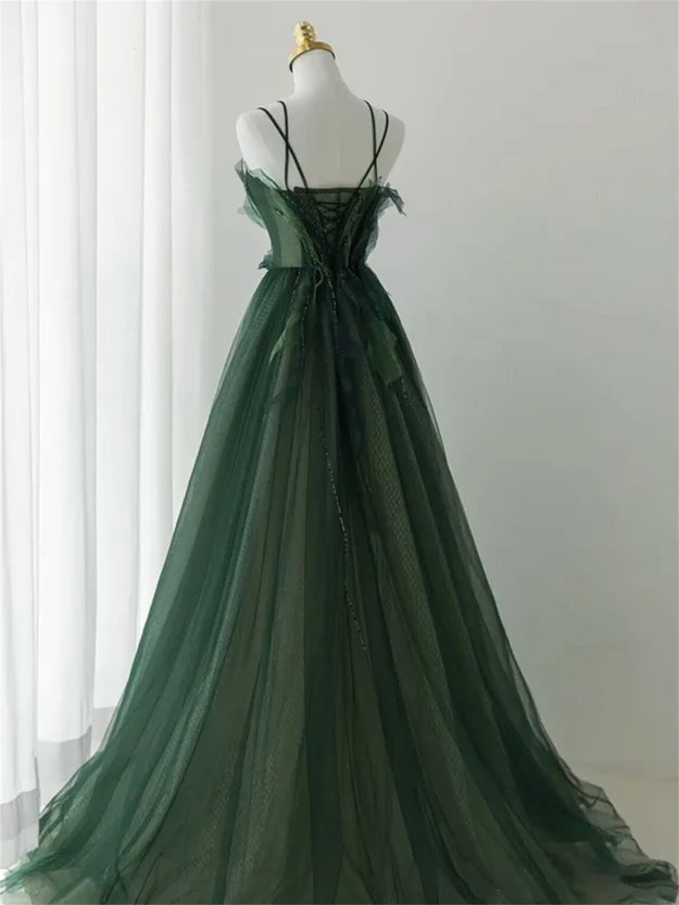 Dark Green Long Beaded A-line Evening Dress Party Dress Prom Dress