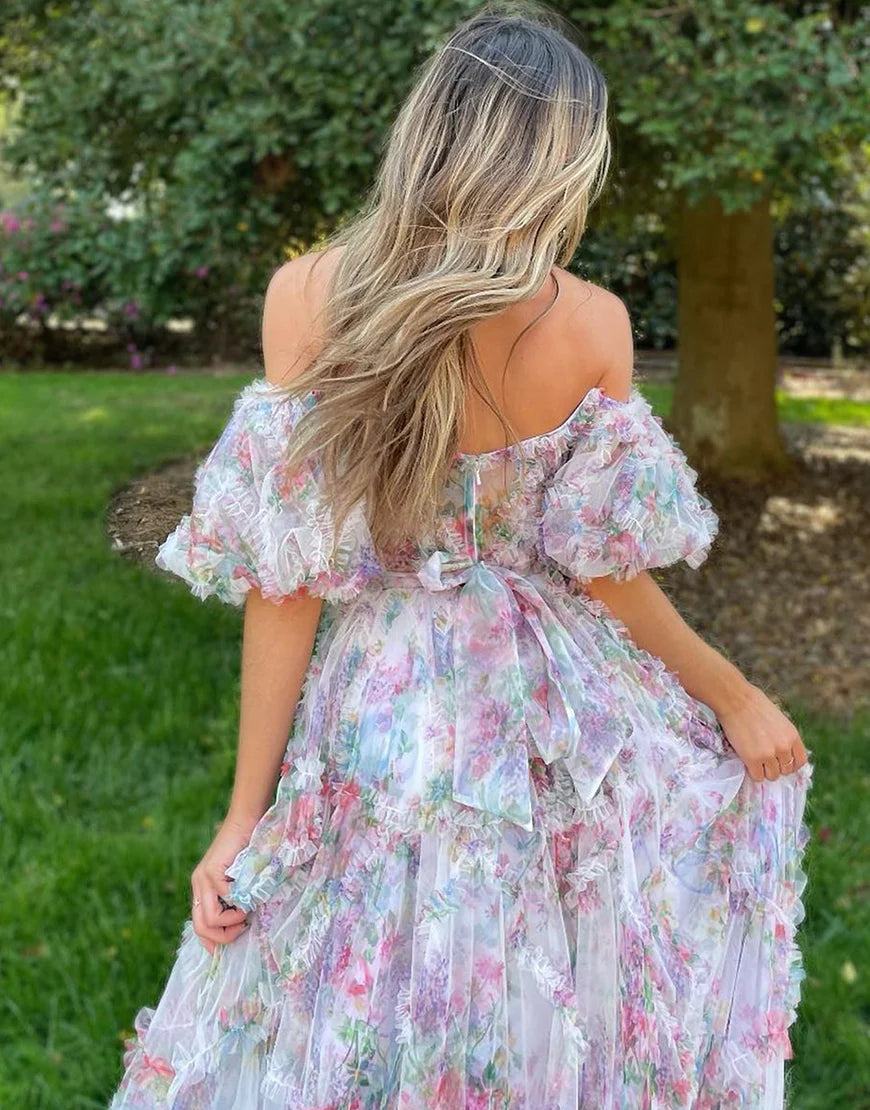 A-Line Princess Strapless Off The Shoulder Floral Tulle Long Prom Dress