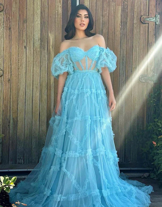 A-Line Princess Dress Off The Shoulder Tulle Long Prom Dress