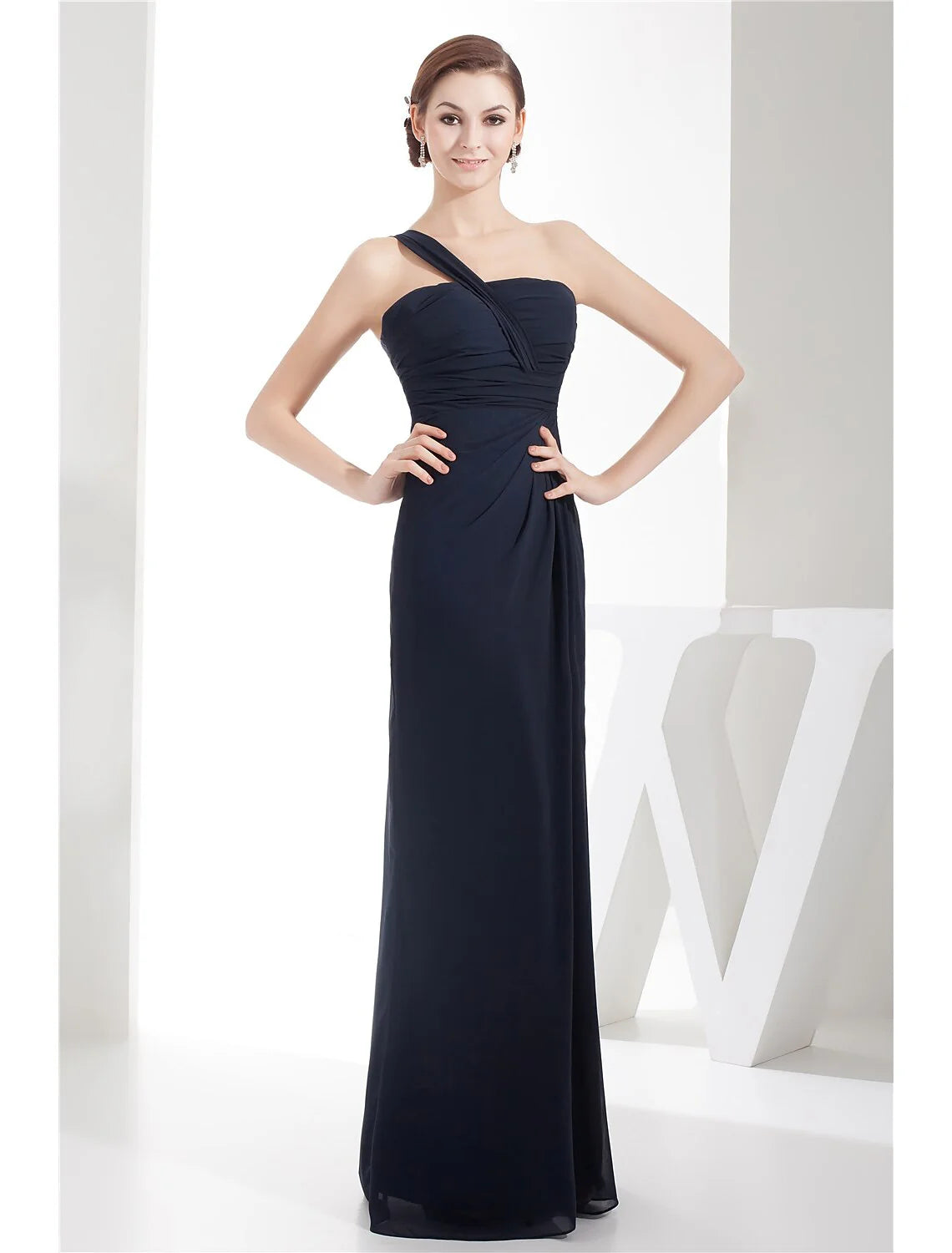 Sheath / Column Evening Gown Minimalist Dress Wedding Guest Floor Length Sleeveless One Shoulder Chiffon with Ruched