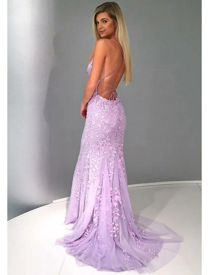 Mermaid / Trumpet Prom Dresses Sexy Dress Formal Court Train Sleeveless Strapless Lace Backless with Appliques