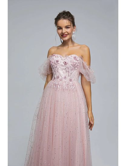 A-Line Prom Dresses Princess Dress Quinceanera Tea Length Short Sleeve Off Shoulder Tulle with Sequin Appliques