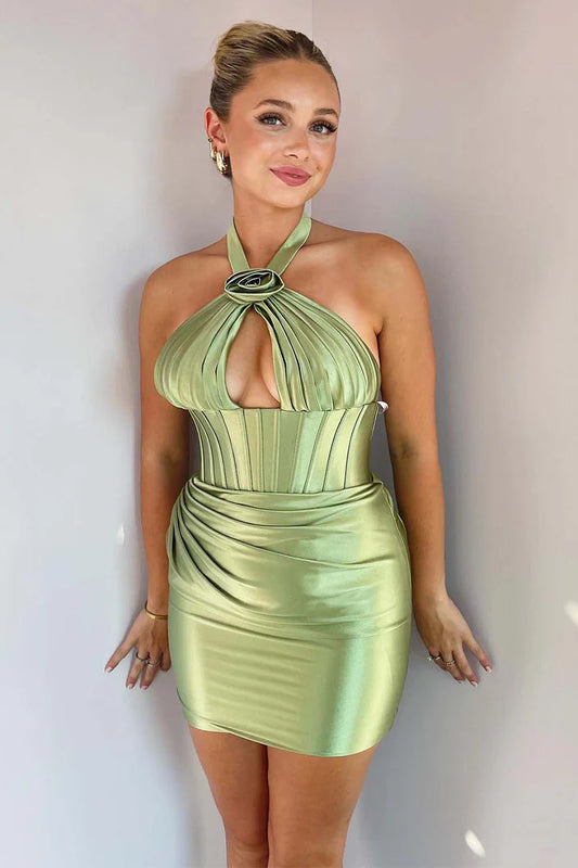 Halter Sage Green Satin Homecoming Dress With Keyhole Party Dresses