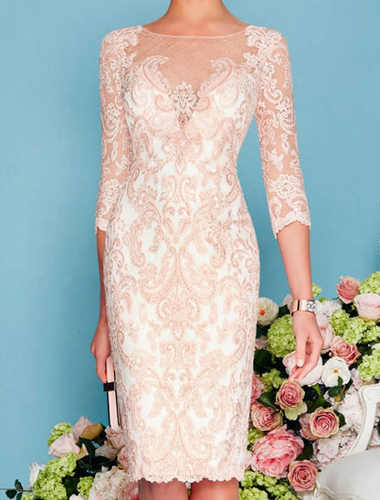 Two Piece Sheath Champagne Mother of the Bride Dress Formal Wedding Guest Church Elegant Jewel Neck Knee Length Chiffon Lace 3/4 Length Sleeve Wrap Included Jacket Dresses with Beading Appliques