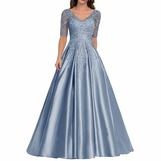 V Neck Satin Appliques Evening Dresses Long Formal Party Ball Gowns