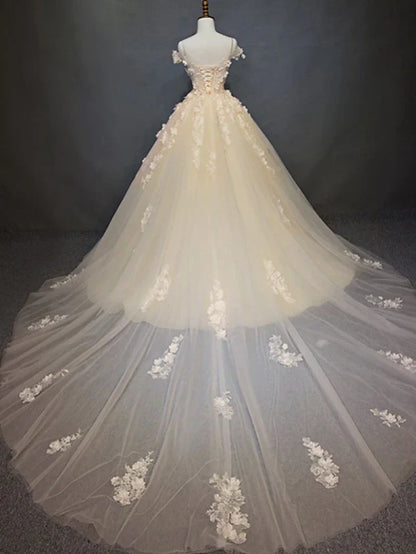 Engagement Vintage Formal Wedding Dresses Cathedral Train Ball Gown Cap Sleeve Off Shoulder Lace With Pearls Appliques