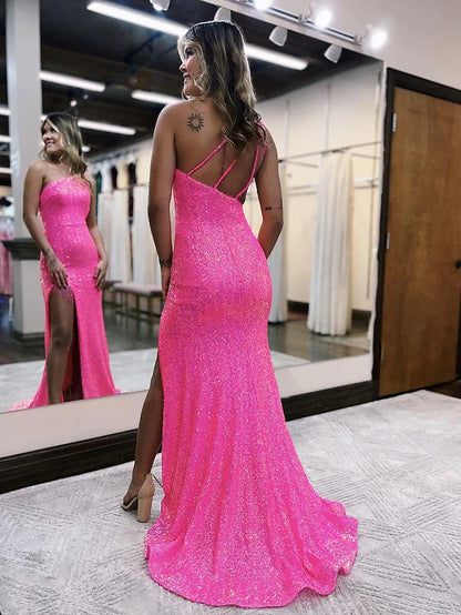 Mermaid / Trumpet Prom Dresses Sexy Dress Formal Sweep / Brush Train Sleeveless One Shoulder Sequined Backless with Sequin Slit