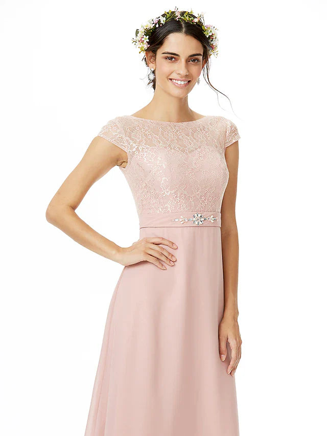 Sheath / Column Bridesmaid Dress Bateau Neck Short Sleeve Elegant Floor Length Chiffon / Lace with Lace / Sash / Ribbon / Bow(s)