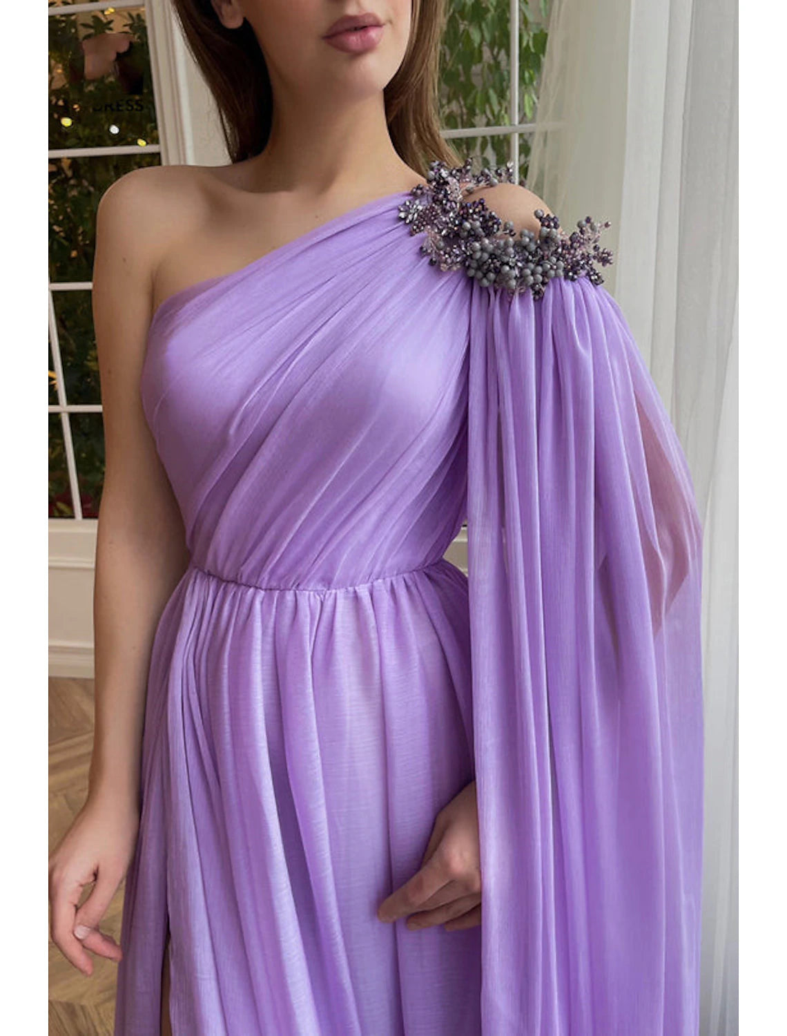 A-Line Evening Gown Elegant Dress Formal Sweep / Brush Train Sleeveless One Shoulder Capes Chiffon with Slit Shawl