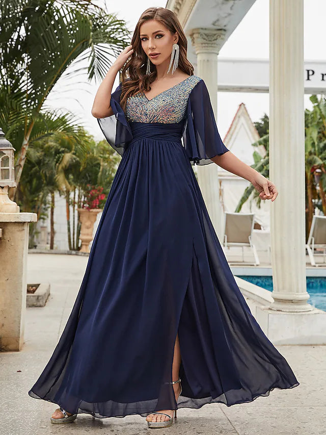 A-Line Wedding Guest Dresses Sparkle & Shine Dress Party Wear Floor Length Half Sleeve V Neck Chiffon with Crystals Ruffles