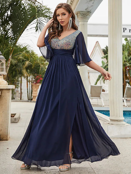 A-Line Wedding Guest Dresses Sparkle & Shine Dress Party Wear Floor Length Half Sleeve V Neck Chiffon with Crystals Ruffles