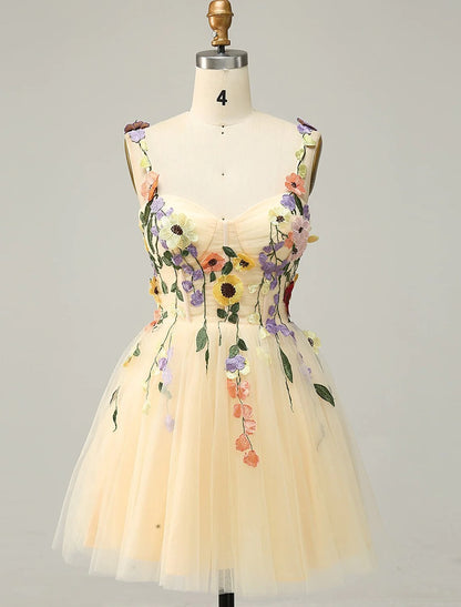 A-Line Homecoming Dresses Floral Dress Cocktail Party Short / Mini Sleeveless Spaghetti Strap Tulle with Appliques