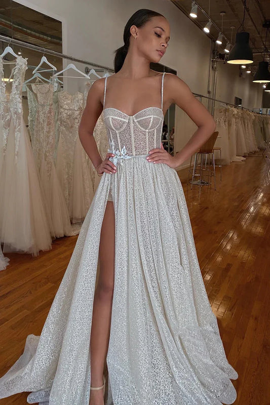 Lace Appliques Sparkly Wedding Dress Bridal Gown With Slit