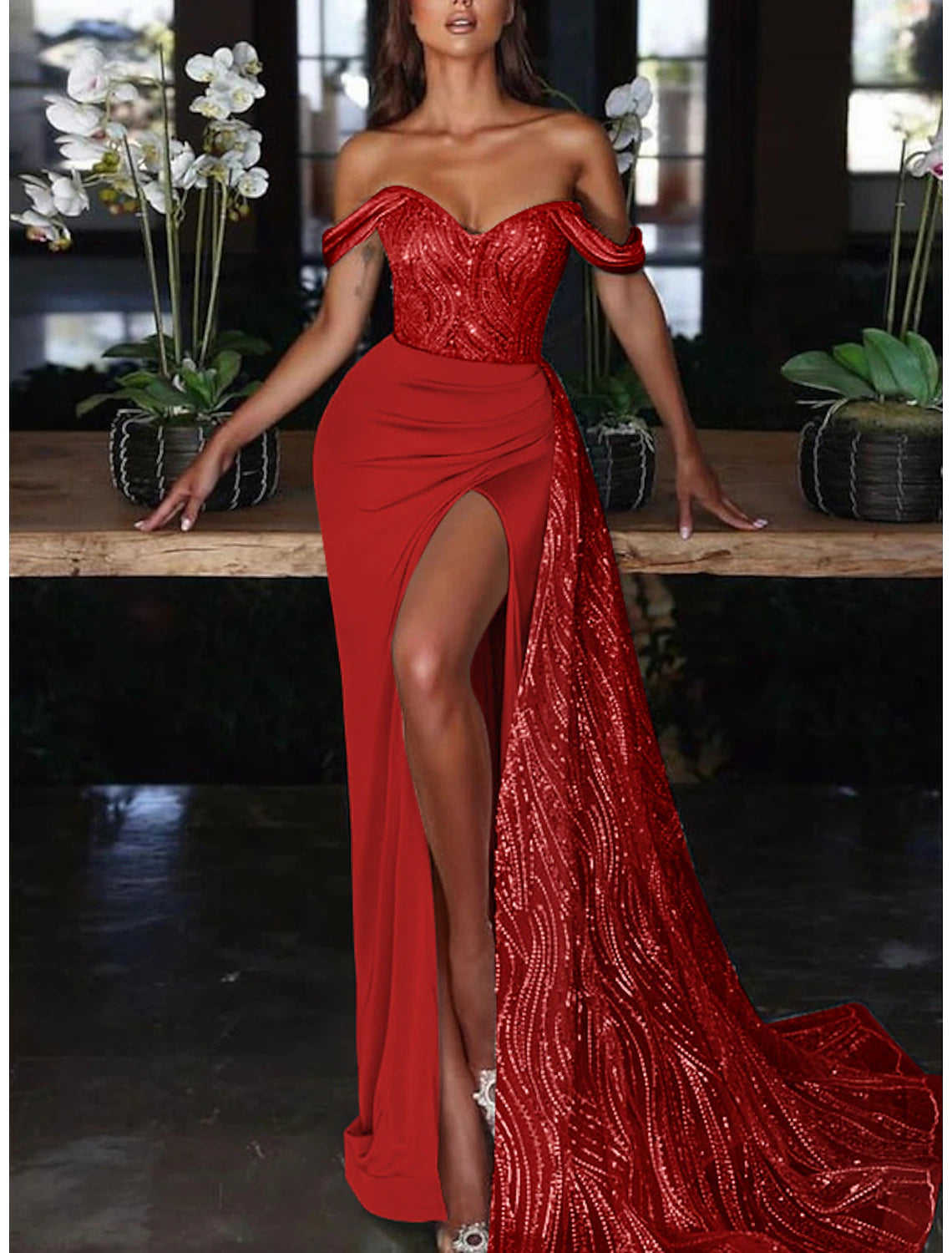 Mermaid Dress Evening Gown  Wedding Guest Court Train Sleeveless Off Shoulder Charmeuse with Ruched Sequin Slit