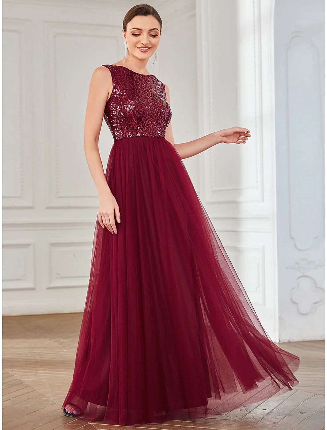 A-Line Party Dresses Elegant Dress Wedding Guest Floor Length Sleeveless Jewel Neck Tulle with Sequin