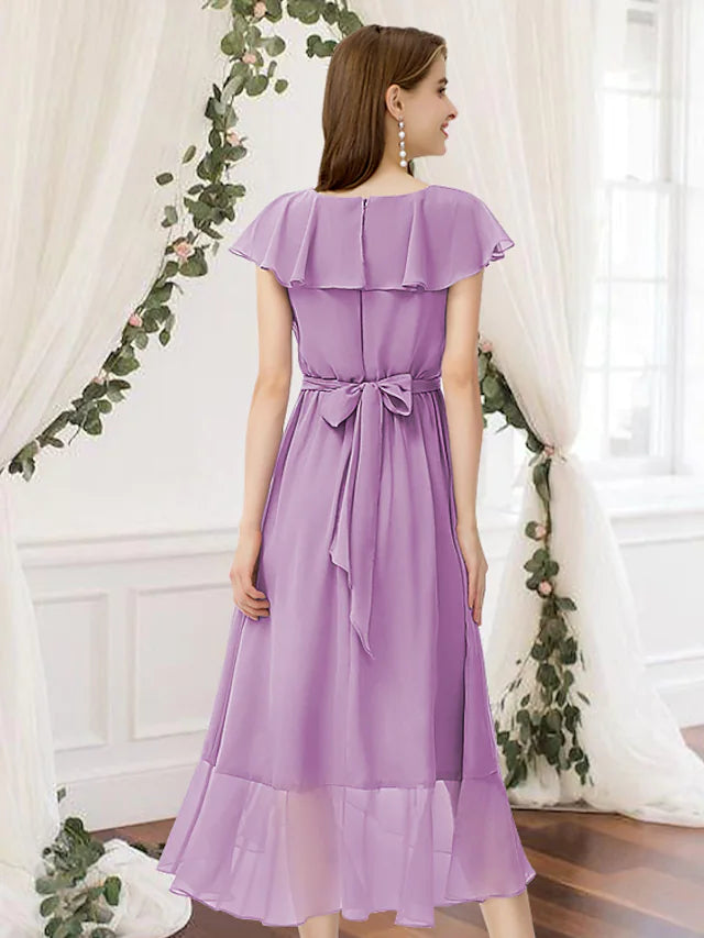 A-Line Bridesmaid Dress V Neck Sleeveless Elegant Asymmetrical Chiffon with Pleats Ruffles