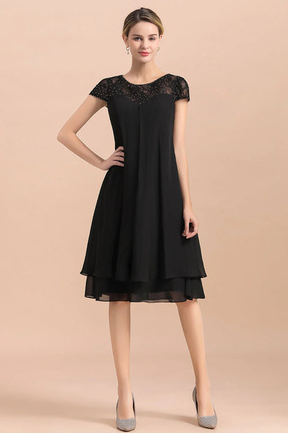 Black Cap Sleeve Mother of Bride Dress Chiffon Short Wedding Party Gowns