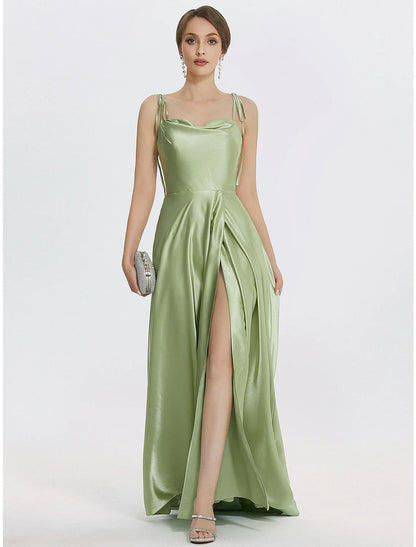 A-Line Evening Gown Elegant Dress Formal Prom Floor Length Sleeveless Spaghetti Strap Satin with Ruched Slit Strappy