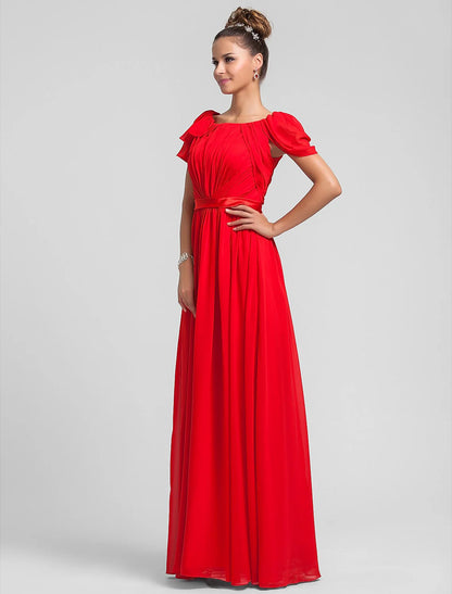 Sheath / Column Square Neck Floor Length Chiffon Bridesmaid Dress with Side Draping