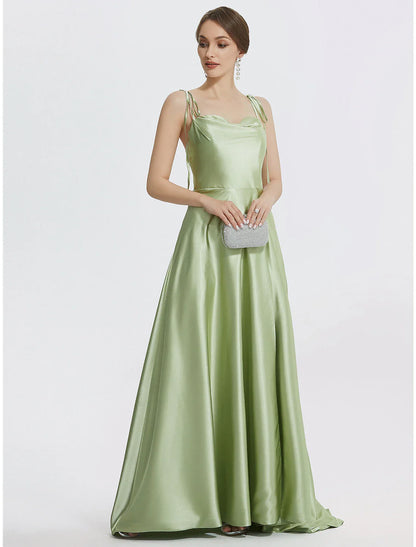 A-Line Evening Gown Elegant Dress Formal Prom Floor Length Sleeveless Spaghetti Strap Satin with Ruched Slit Strappy