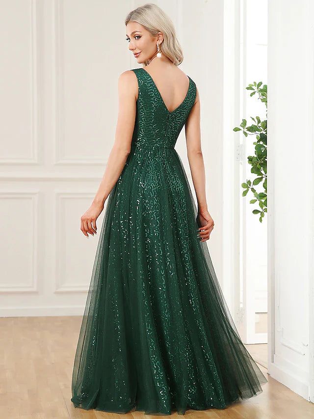 A-Line Prom Dresses Elegant Dress Party Wear Floor Length Sleeveless V Neck Sequined V Back with Sequin